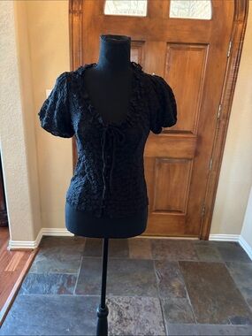 Anthropologie Black Textured Puff-Sleeve Tie-Front Blouse